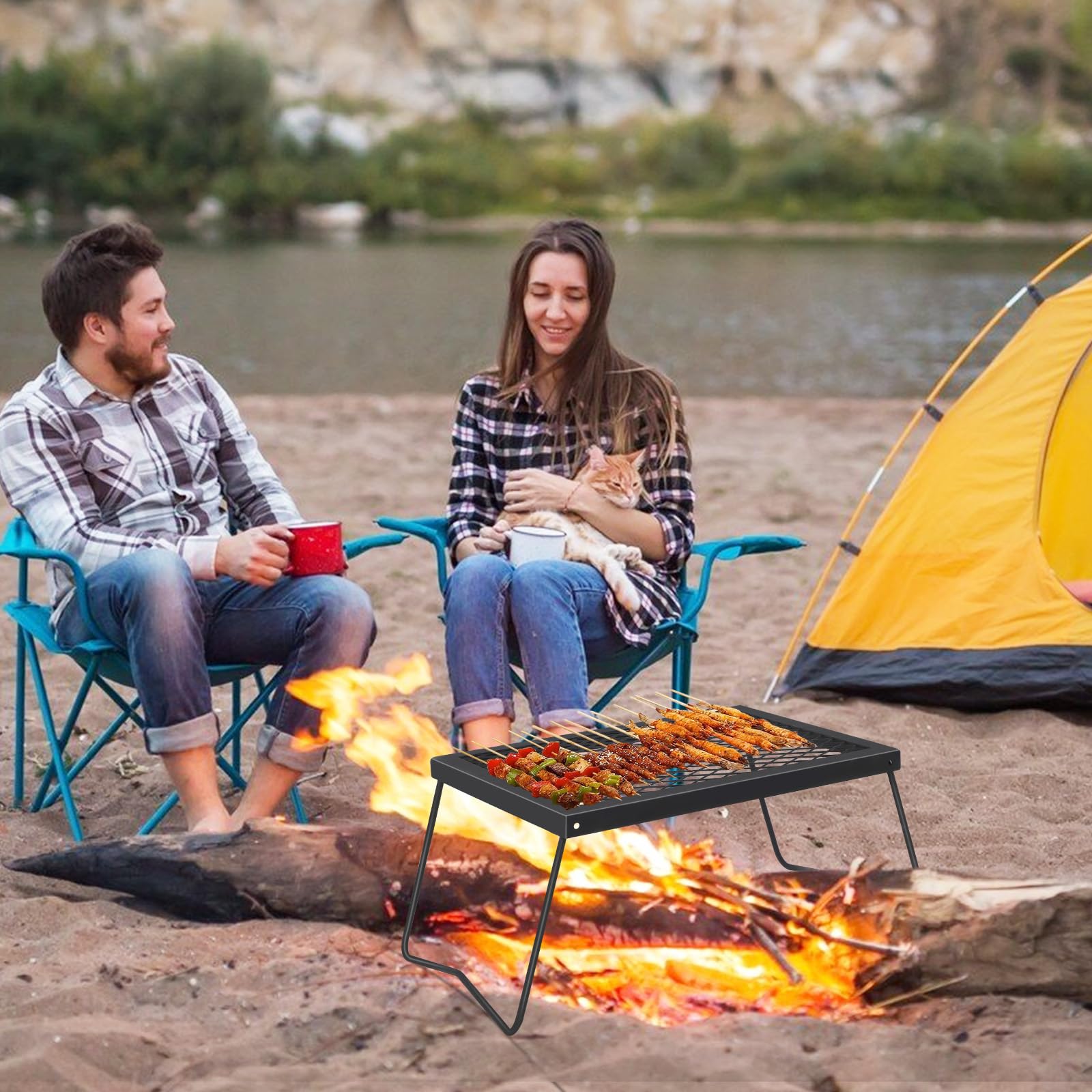 Aptliton Heavy Duty Folding Campfire Grill For Fire Pit, Steel Cooking Grate With Carry Bag, Portable Open Fire Bbq Rack For Outdoor Camping, Baking Pan, 17X12.2"