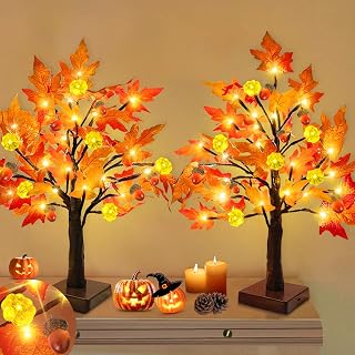 TURNMEON Thanksgiving Decorations 2 Pack 18 Inch Prelit Fall Maple Tree Fall Decor for Home with 48 LEDs Timer Battery Operated Pumpkin Lights 6 Acorn Halloween Thanksgiving Table Decor Indoor Outdoor