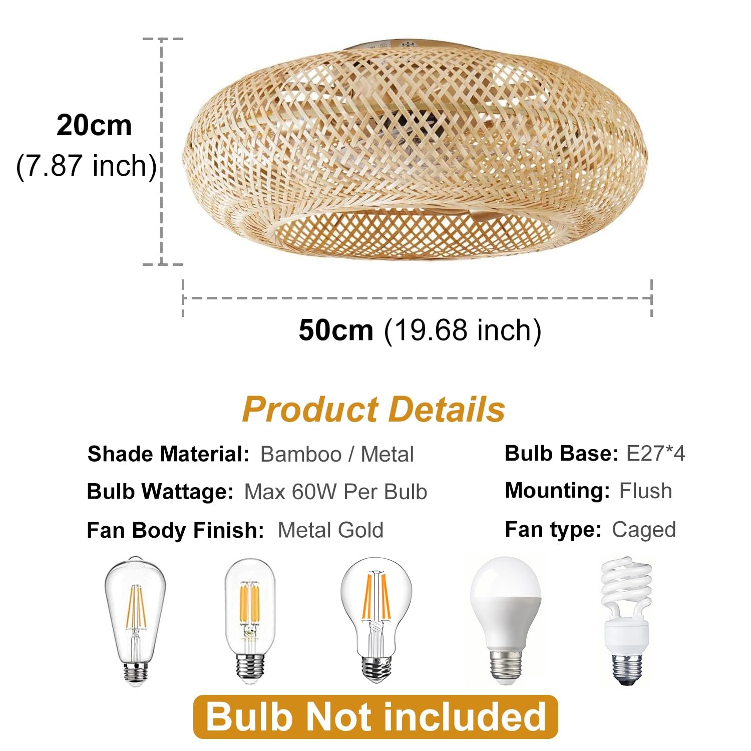 Deckenventilator mit Beleuchtung, Leise E27 Retro Bambus Deckenlampe Mit Ventilator, 50cm Käfigbeleuchtung, 6 Geschwindigkeiten Reversibler Deckenventilatoren für Wohnzimmer Schlafzimmer Esszimmer