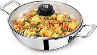 Triply Stainless Steel Kadai With Glass Lid|Very Small 20.3Cm/8 Inch,1.7 Liters,1Kg|Induction Friendly|Nonstick 3-Layer Body,100% Pure&Toxin-Free,No Chemical Coating
