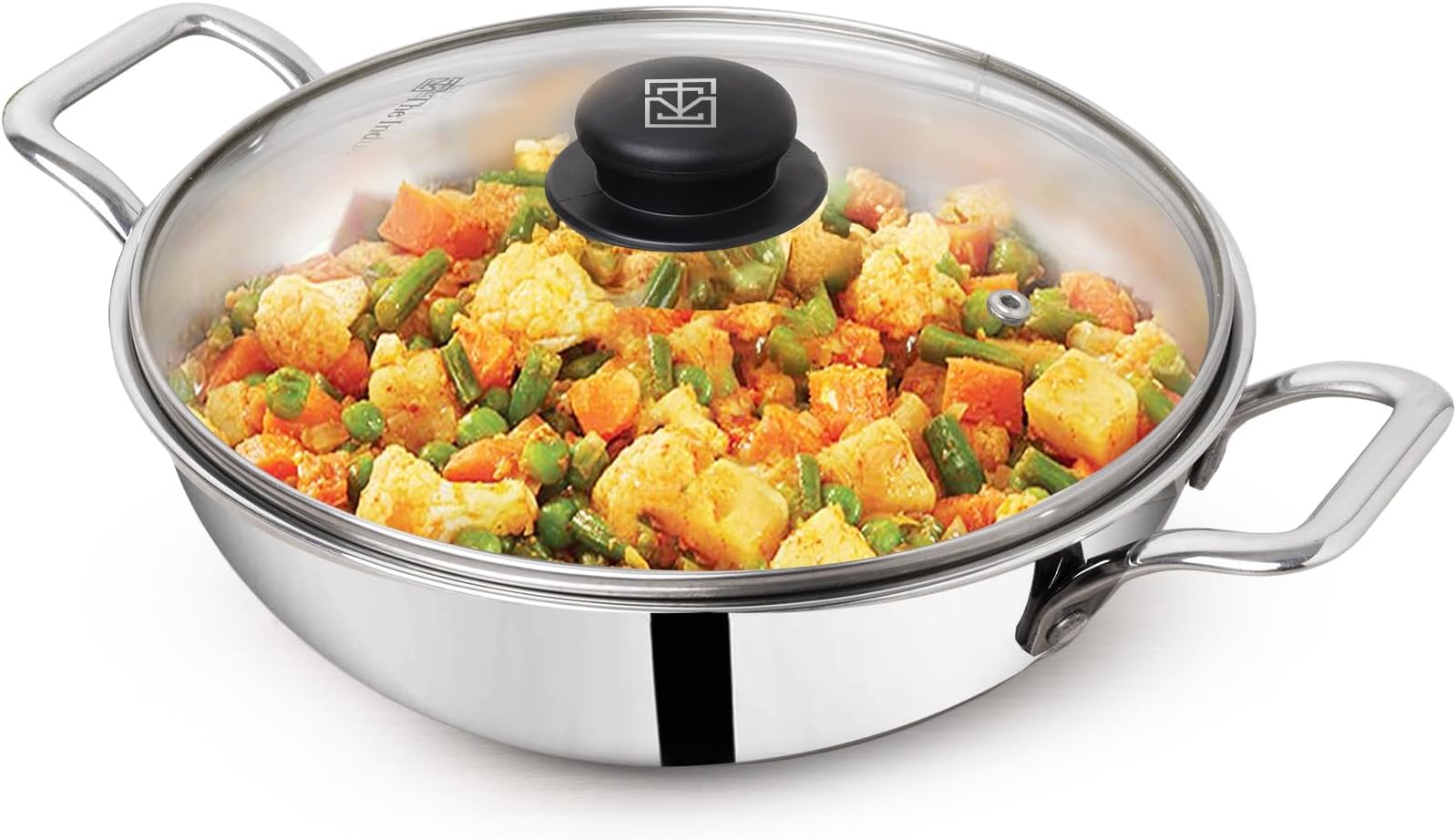 Triply Stainless Steel Kadai With Glass Lid|Very Small 20.3Cm/8 Inch,1.7 Liters,1Kg|Induction Friendly|Nonstick 3-Layer Body,100% Pure&Toxin-Free,No Chemical Coating