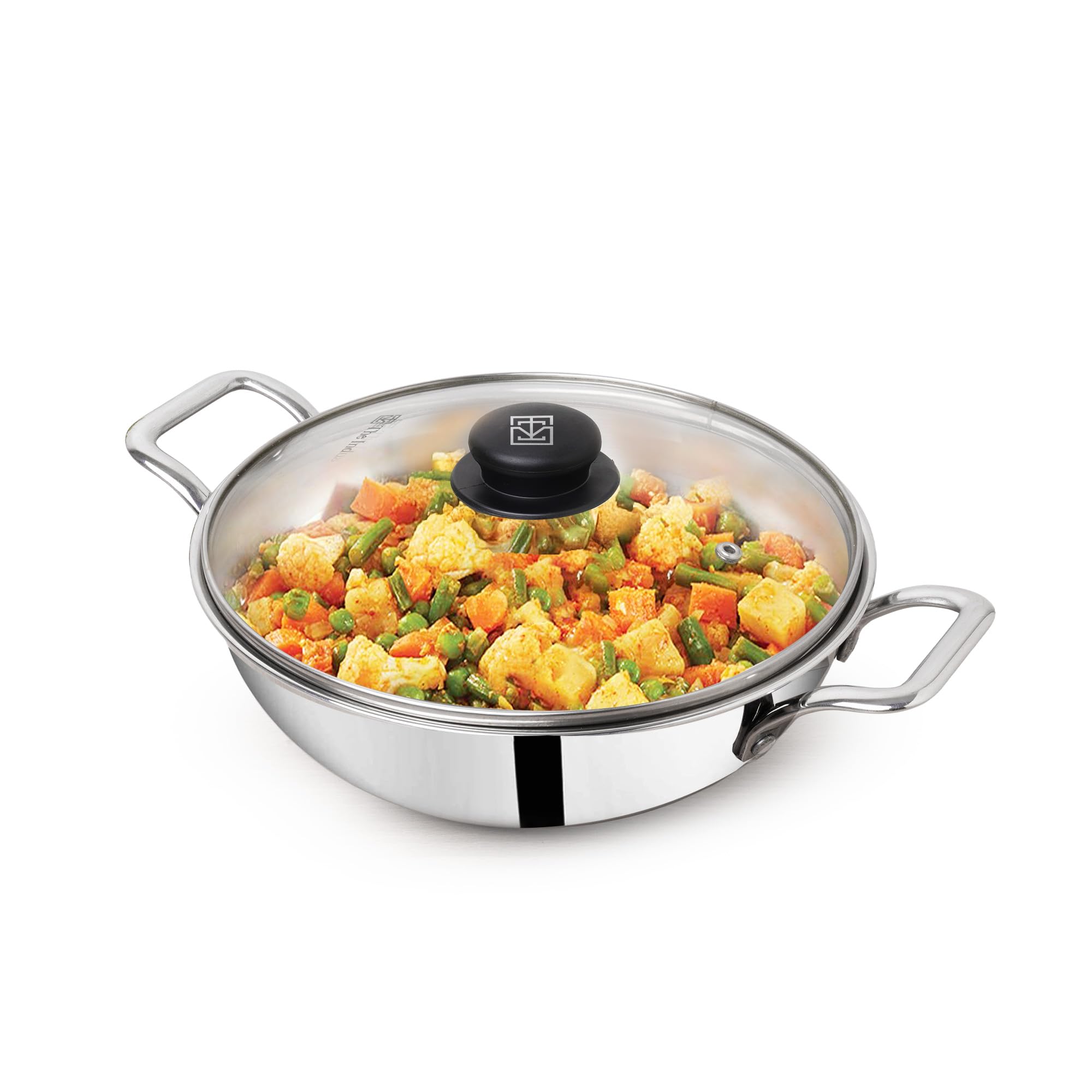 The Indus Valley Triply Stainless Steel Kadai With Glass Lid|Very Small 20.3Cm/8 Inch,1.7 Liters,1Kg|Induction Friendly|Nonstick 3-Layer Body,100% Pure&Toxin-Free,No Chemical Coating