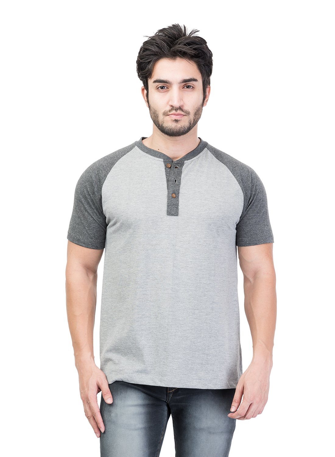 kalt Men's Dual Colour Half Sleeves Henley Neck Cotton Blend T-Shirt(Light Grey Melange::Dark Grey Melange)-picture-27