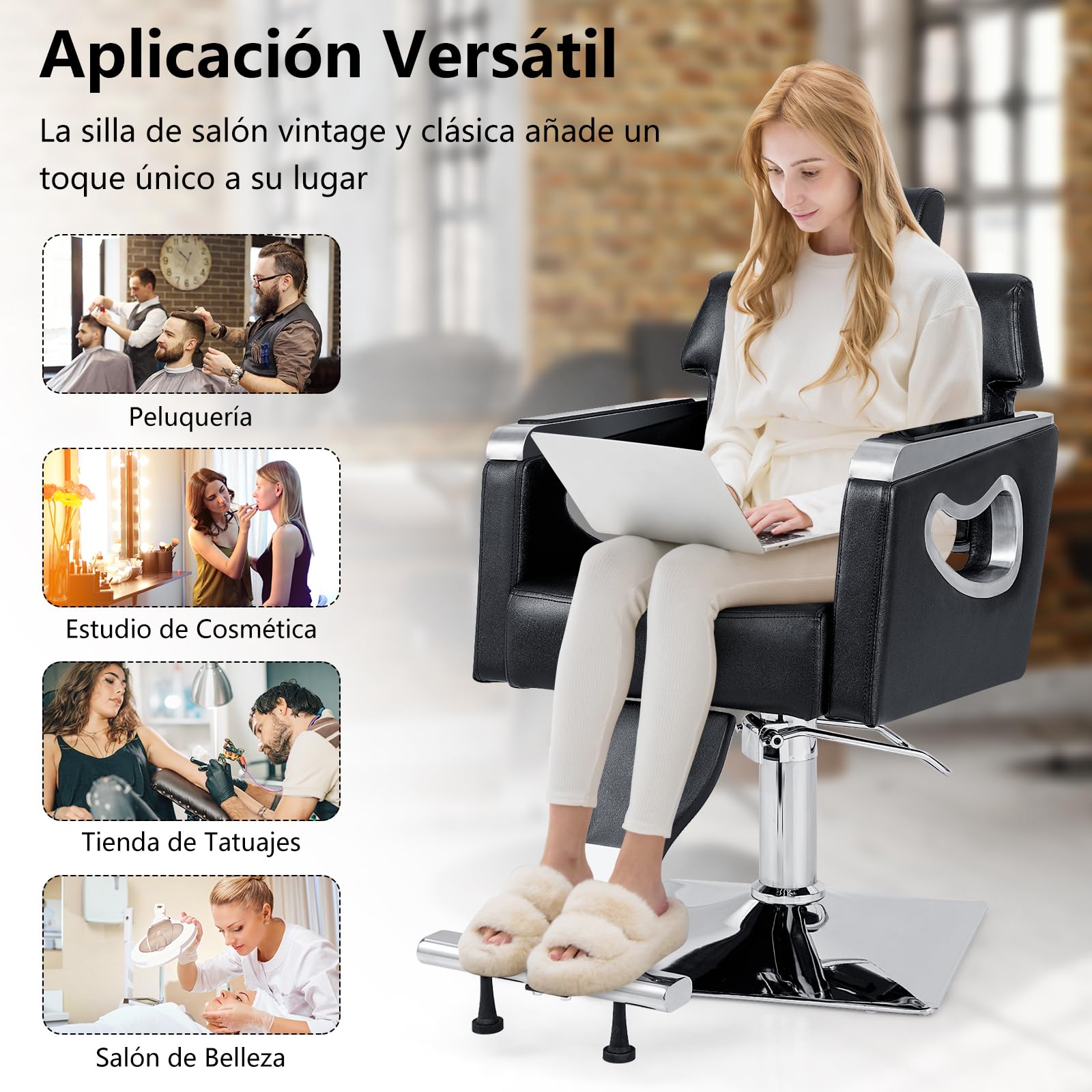 GOPLUS Silla Reclinable para Peluquería Goflame, Sillón Vintage con Bomba Hidráulica, Respaldo+Reposacabezas Ajustables, Giro 360°, para Maquillaje y Tatuajes