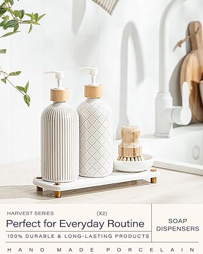 Miniatura 2 de Getstar Juego de dispensador de jabón para manos y platos con bandeja de secado instantáneo y cepillo para platos, dispensador de jabón de cerámica