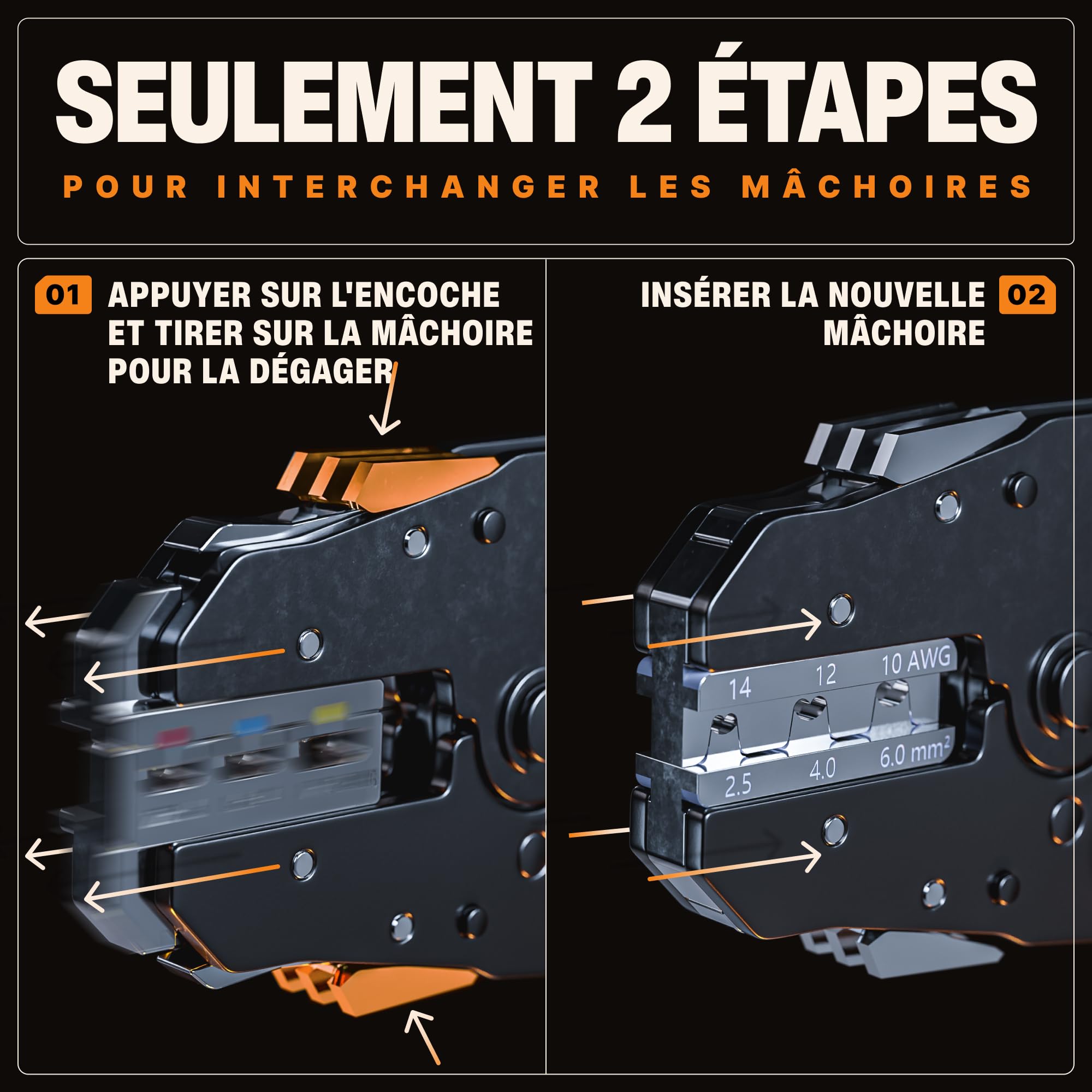 BAURIX® Pince à Sertir Mâchoires Interchangeables – + Pince à Dénuder | Modèle HEKTOR PRO & AKURA. 6 jeux de mors + pince à dénuder. Cosses, fastons, embouts et connecteurs isolés.