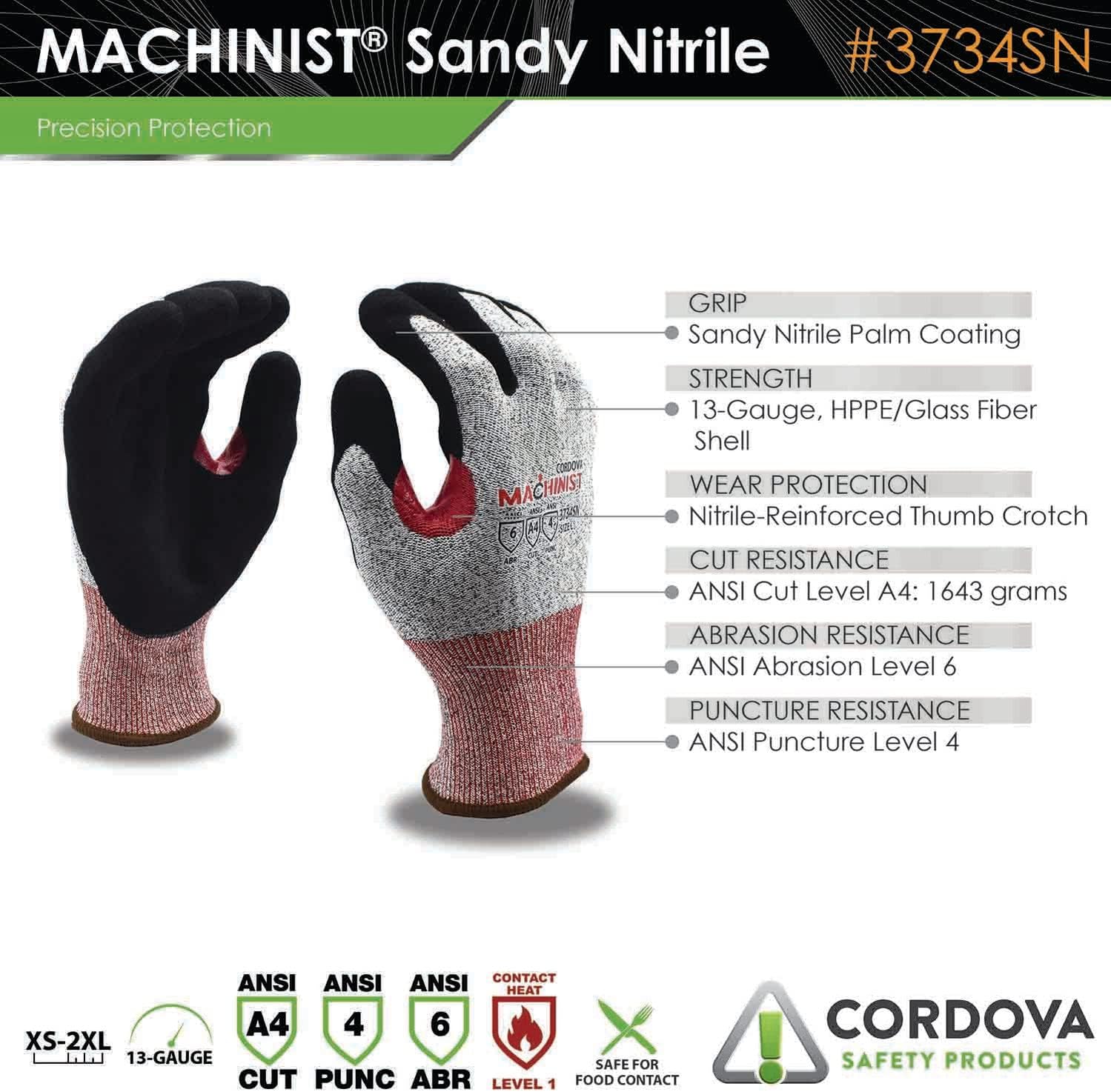 Cordova 3734SN Cut-Resistant Gloves, Sandy Nitrile Coating for Grip, Touchscreen Fingertips, Food Grade, ANSI Cut Level A5, Abrasion and Puncture Resistant, Thumb Crotch, Small, Black