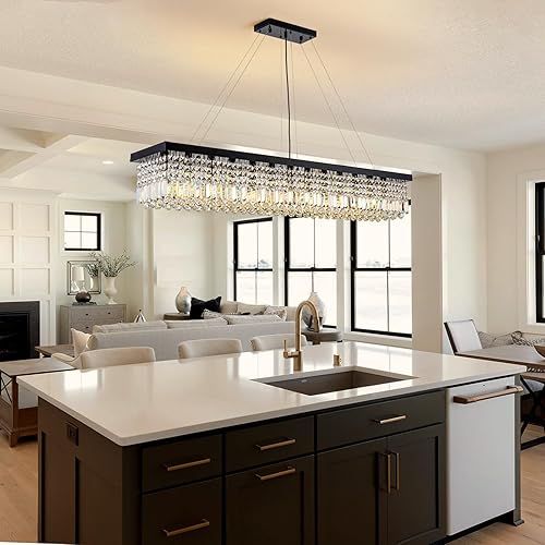 Miniatura 89 de 7PM Candelabro rectangular de cristal K9 moderno colgante rectangular para comedor, cocina, isla dormitorio, color negro, 47 pulgadas de largo x 10