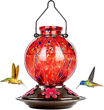 Hummingbird Feeder, BOLITE Glass Hummingbird Feeders for Outdoors Hanging, Meshy Texture Ball Shape with Ant Moat, 5 Bee-Proof Ports, 360 Perch, Leak-Proof, 20oz, Red, Gifts for Mom Dad Women Men