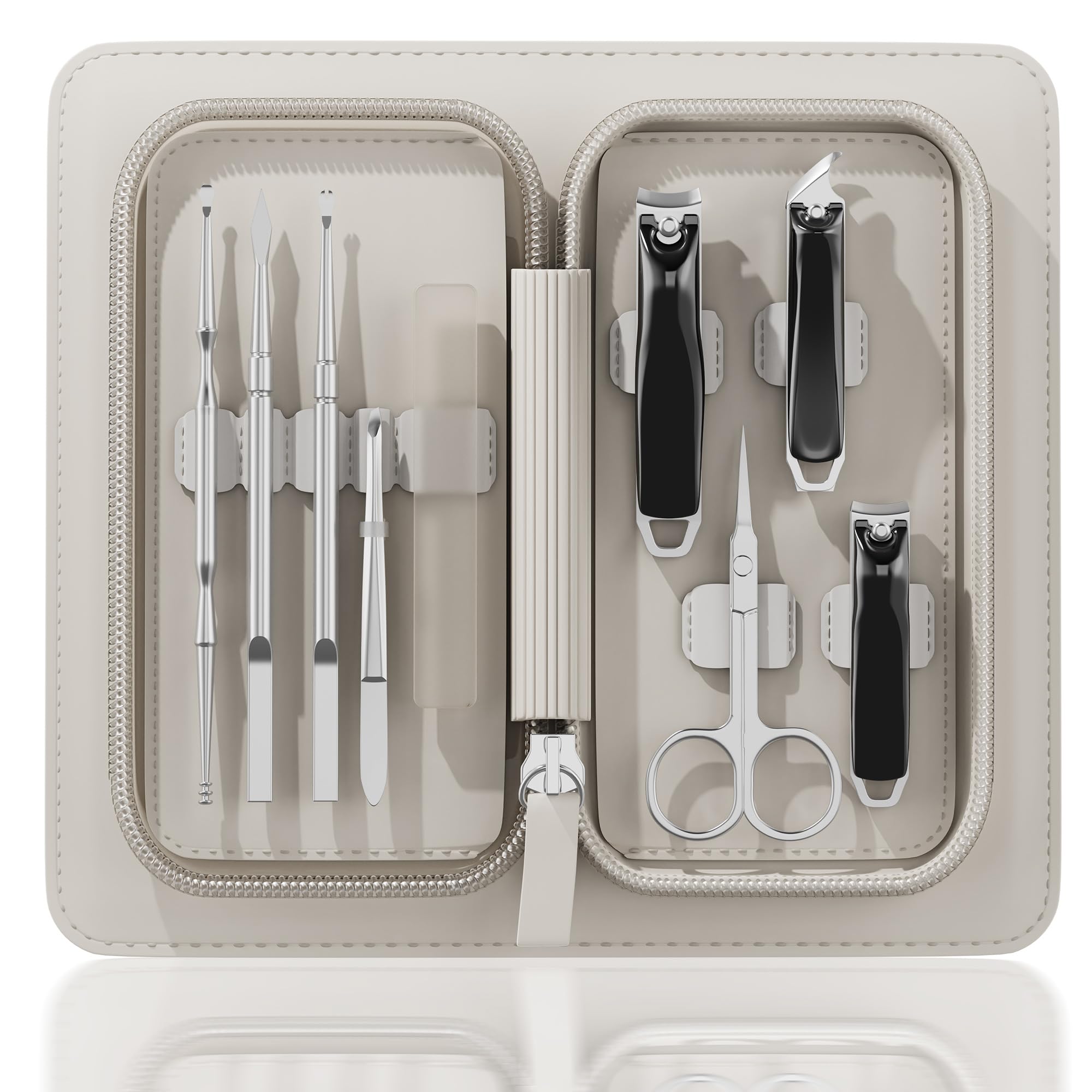 Ensemble coupe-ongles Pince à épiler Ciseaux Manucure Kit de toilettage 9 en 1 avec étui en cuir à fermeture éclair