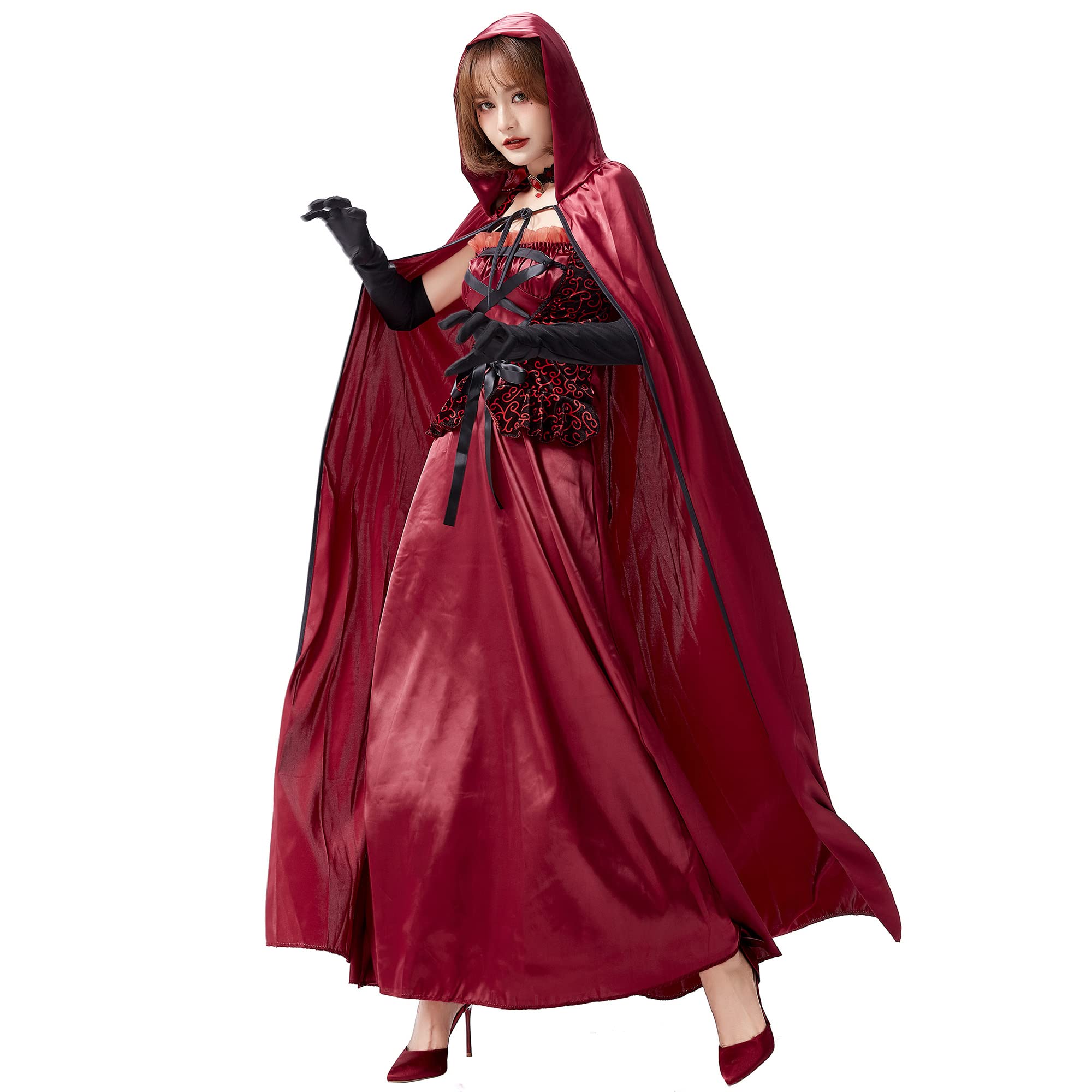 Women Halloween Vampire Costume, Queen Scary Fancy Party Cosplay Costume with Sling Dress, Cape, Gloves