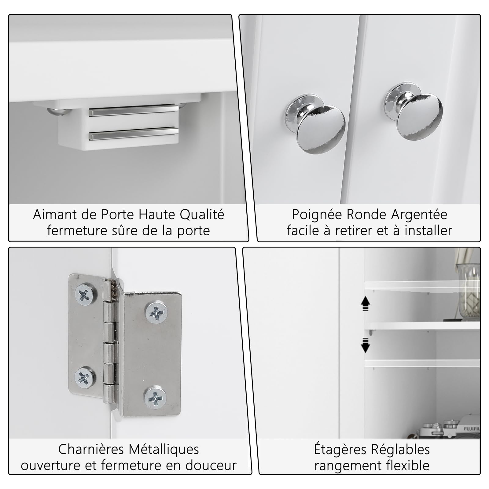 FOREHILL Armoire de Rangement avec 4 Portes Petite Meuble de Rangement Buffet Cuisine Étagère Réglable Armoire vestiaire pour Salon, Chambre, Bureau en Bois 58x31,5x123cm Blanc