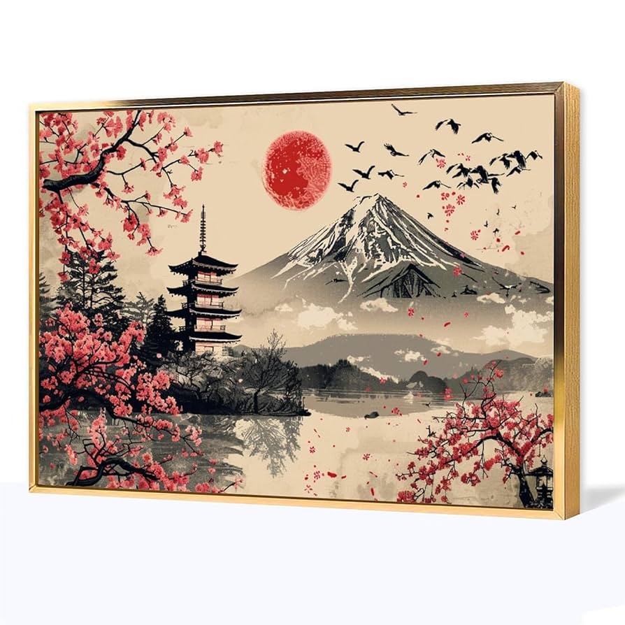 Amazon.co.jp: 絵画 日本风景与富士山寺庙 アートパネル