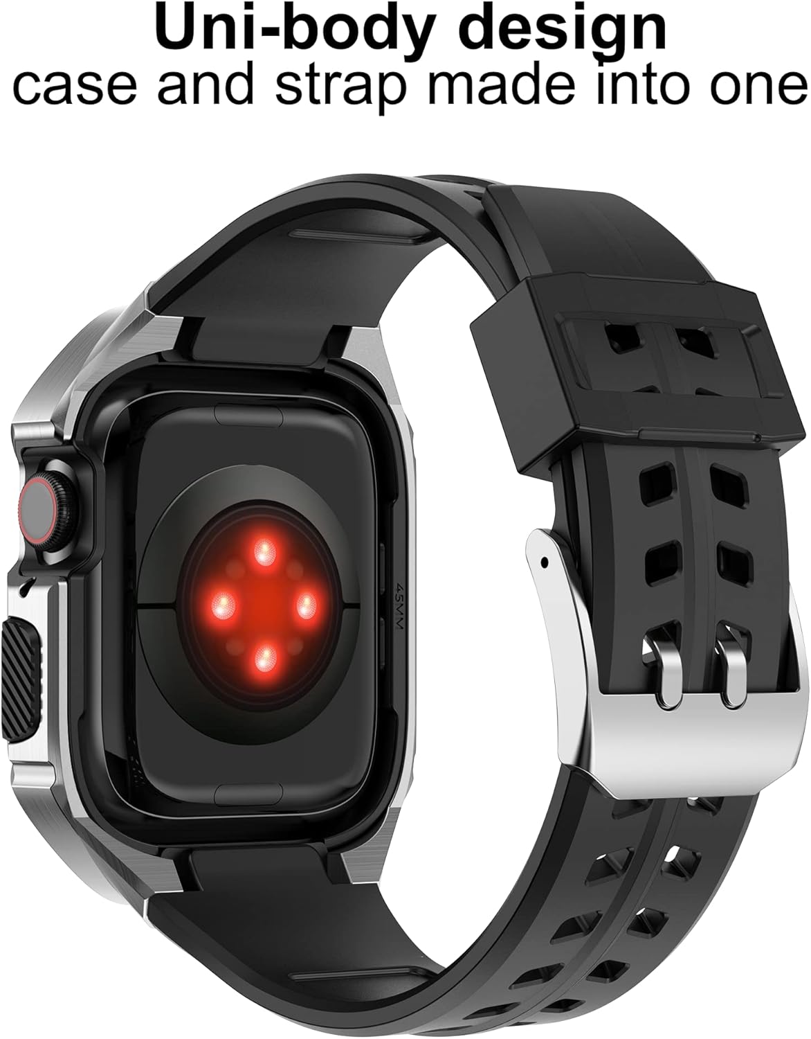 Wohben Rugged Armor Pro Compatible with Apple Watch Case with Band Series 7 (45mm) and Series 6/5/4/SE (44mm), Stainless Steel ShockProof TPU Strap Protective Cover 44mm Silver