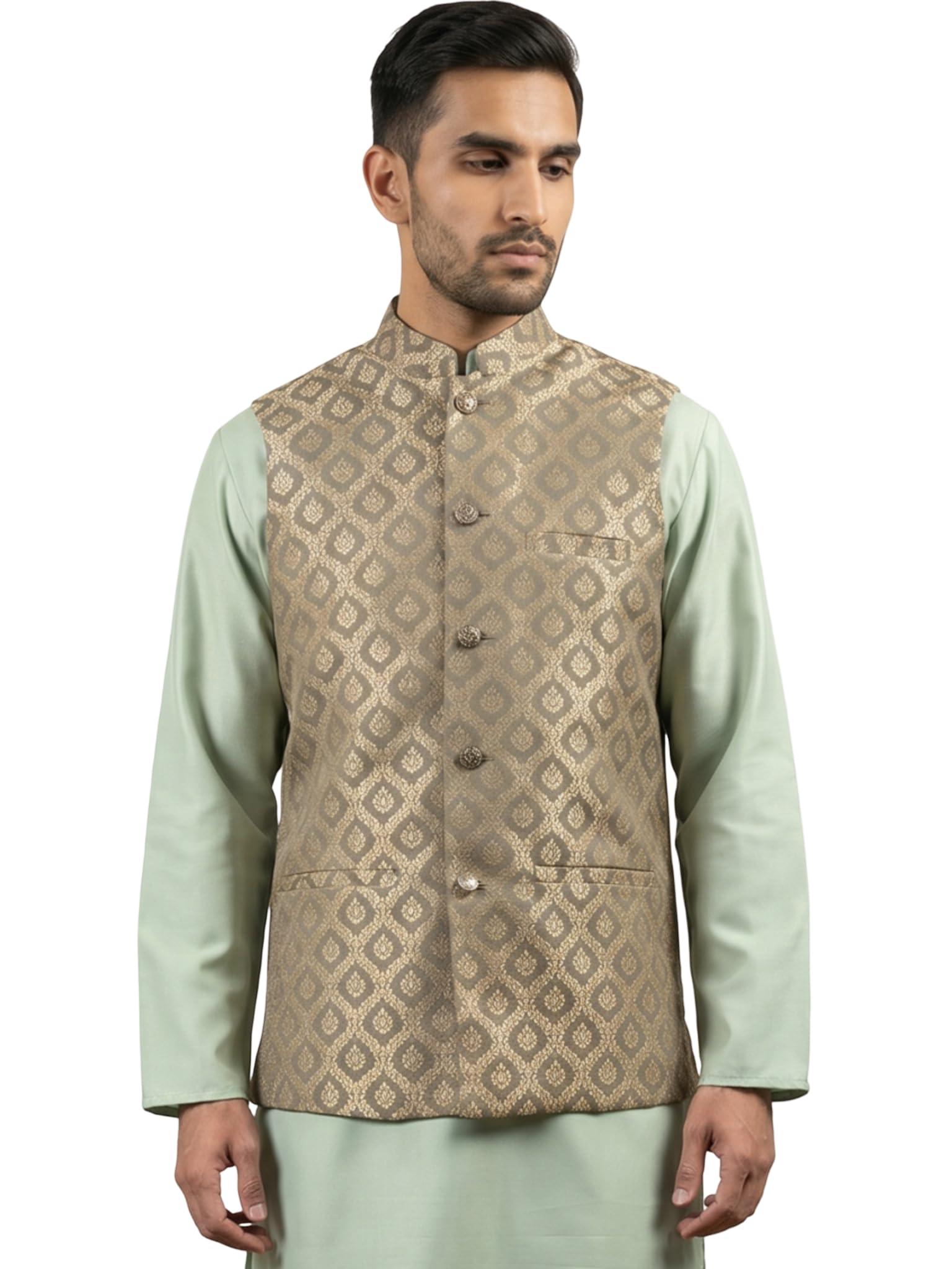 jompers Men's Jacquard Woven Silk Blend Nehru Jacket (Green, S)-picture-10
