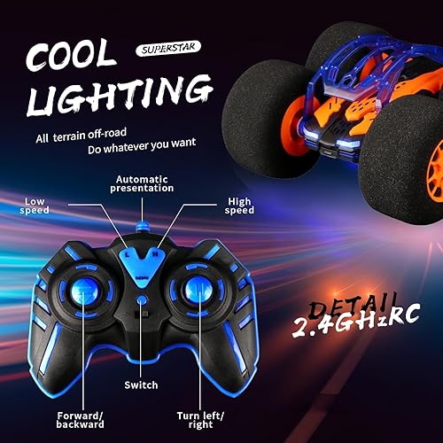 Miniatura 6 de Auto RC para interiores con control remoto de juguete con ruedas suaves, autos RC para niños y exteriores con faros LED y trucos locos giros de 360