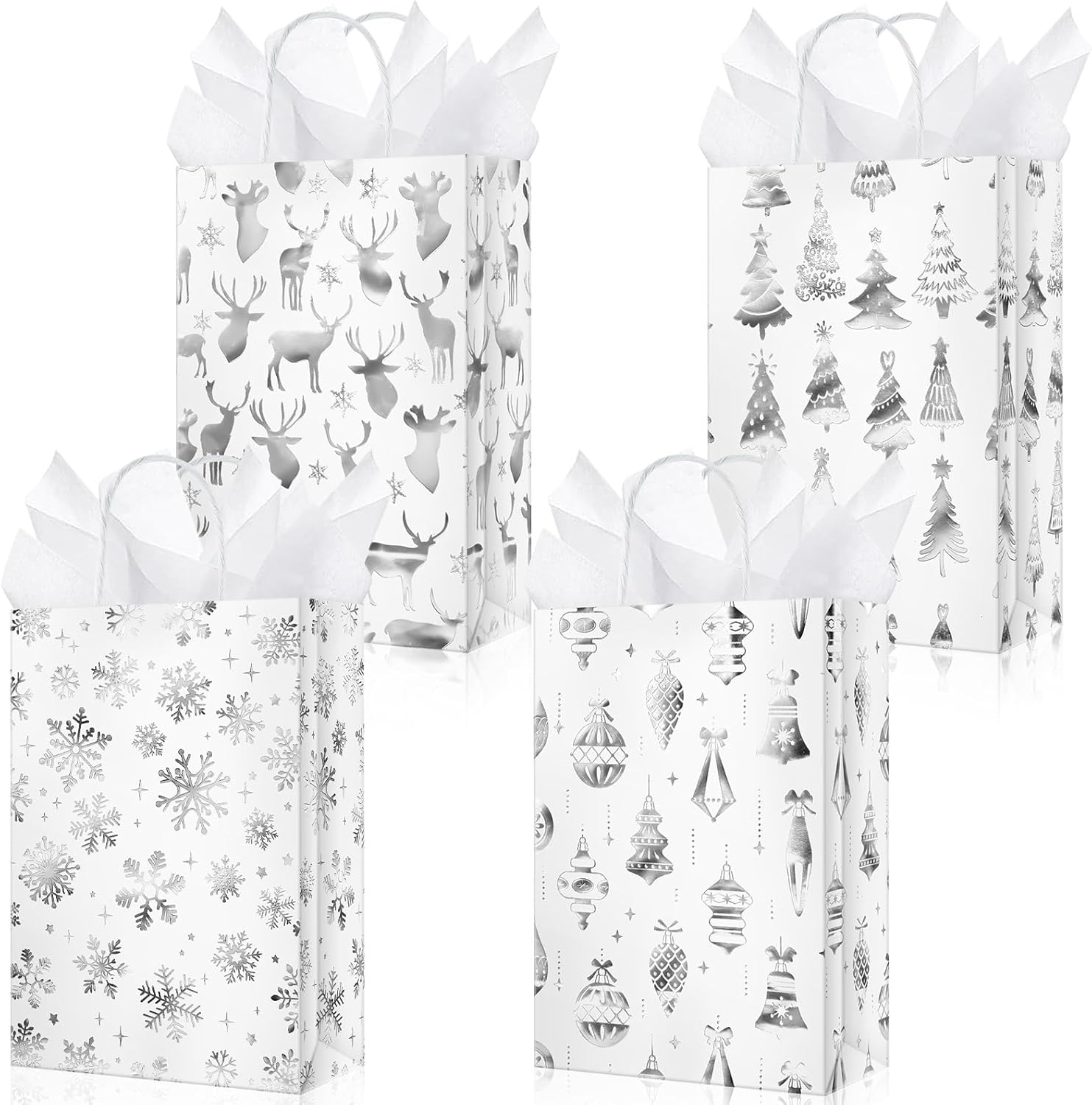 50 Pack Christmas Metallic Silver Gift Bags with Handle