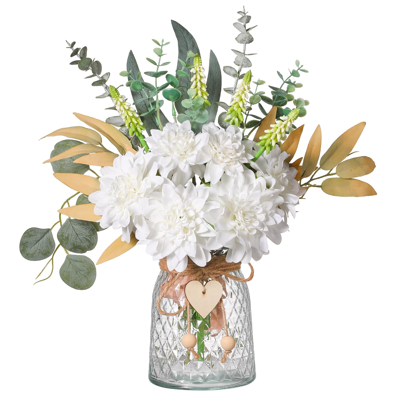 Faux Flowers with Vase Artificial White Dahlia Flowers in Vase Fake Eucalyptus Plant Floral Arrangement for Dining Table Centerpieces Home Kitchen Office Coffee Bathroom Decorations(White) — image 1