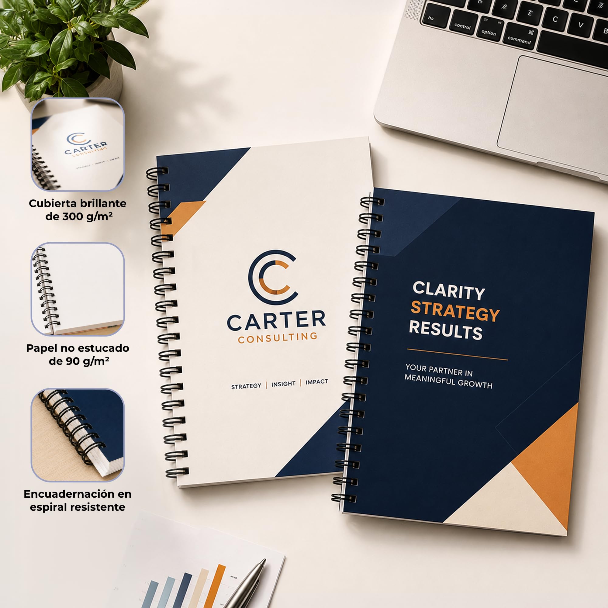 Cuaderno A5 personalizable, logotipo o texto, Cuadriculado, 10 unidades | Cubierta brillante 300 g/m², 160 páginas papel 90 g/m², espiral, ideal para reuniones, formación y regalos de empresa