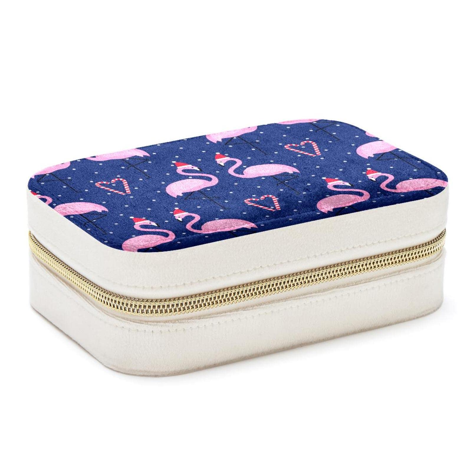 Boîte à bijoux de voyage portable rose avec motifs de flamant et chapeau de Noël