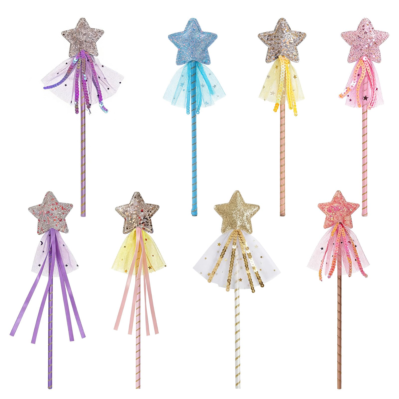 Gkhlg 8 Pack Princess Wand Sparkling Star Wand Fairy Wand with Sequins Tulle Ribbon Elegant Shimmer Magic Wand for Dress Up Role Play Birthday Party Wedding Festival and Costume Decoration
