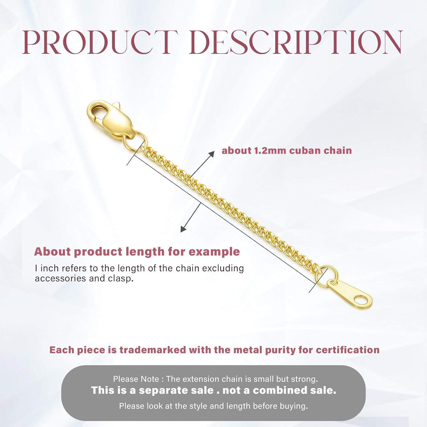 10K Yellow Gold 1"/2"/3" Necklace Extender Chain with Double Clasps, 10K Gold Necklace Extender Bracelet Anklet Extension Chain, Bracelet Extender 10K Gold
