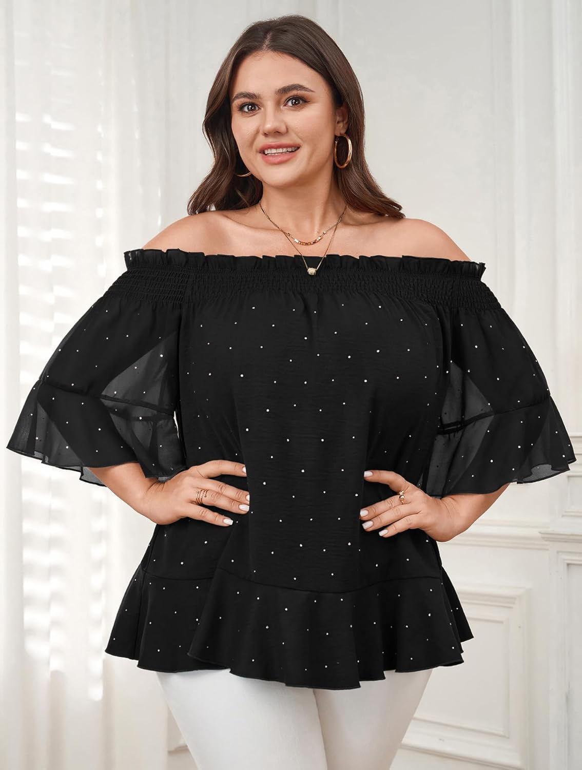 SCOMCHIC Women's Plus Size Off The Shoulder Tops Half Sleeve Chiffon Blouse Ruffle Cocktail Party Evening Shirts - Image 2