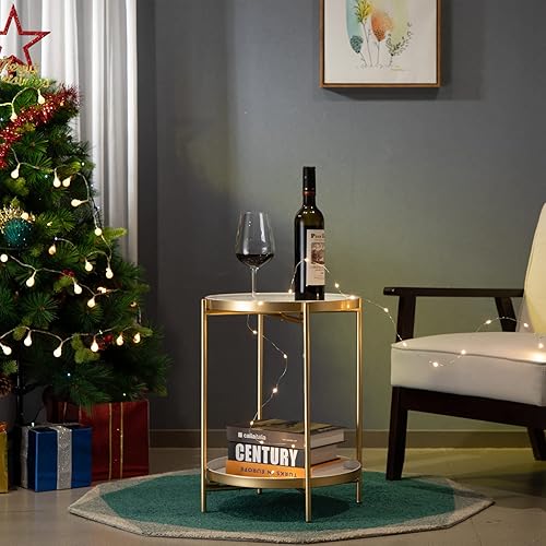 Miniatura 7 de HollyHOME Mesa auxiliar redonda dorada de 2 niveles, soporte plegable pequeño para exteriores con bandeja extraíble, mesa asional de metal