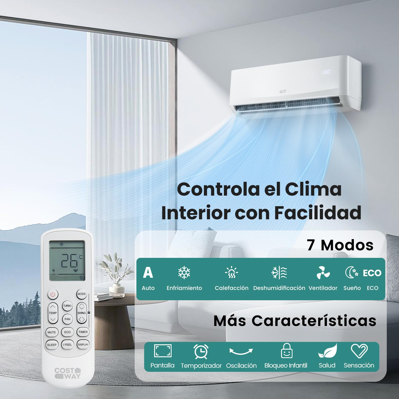 COSTWAY Aire Acondicionado Split, 3,4 kW,Aire Acondicionado Inverter con Calefacción con Bomba de Calor,Refrigerante: R32,Calefactor y Refrigerador con Kit de Montaje para Habitación 70m³(12000BTU)