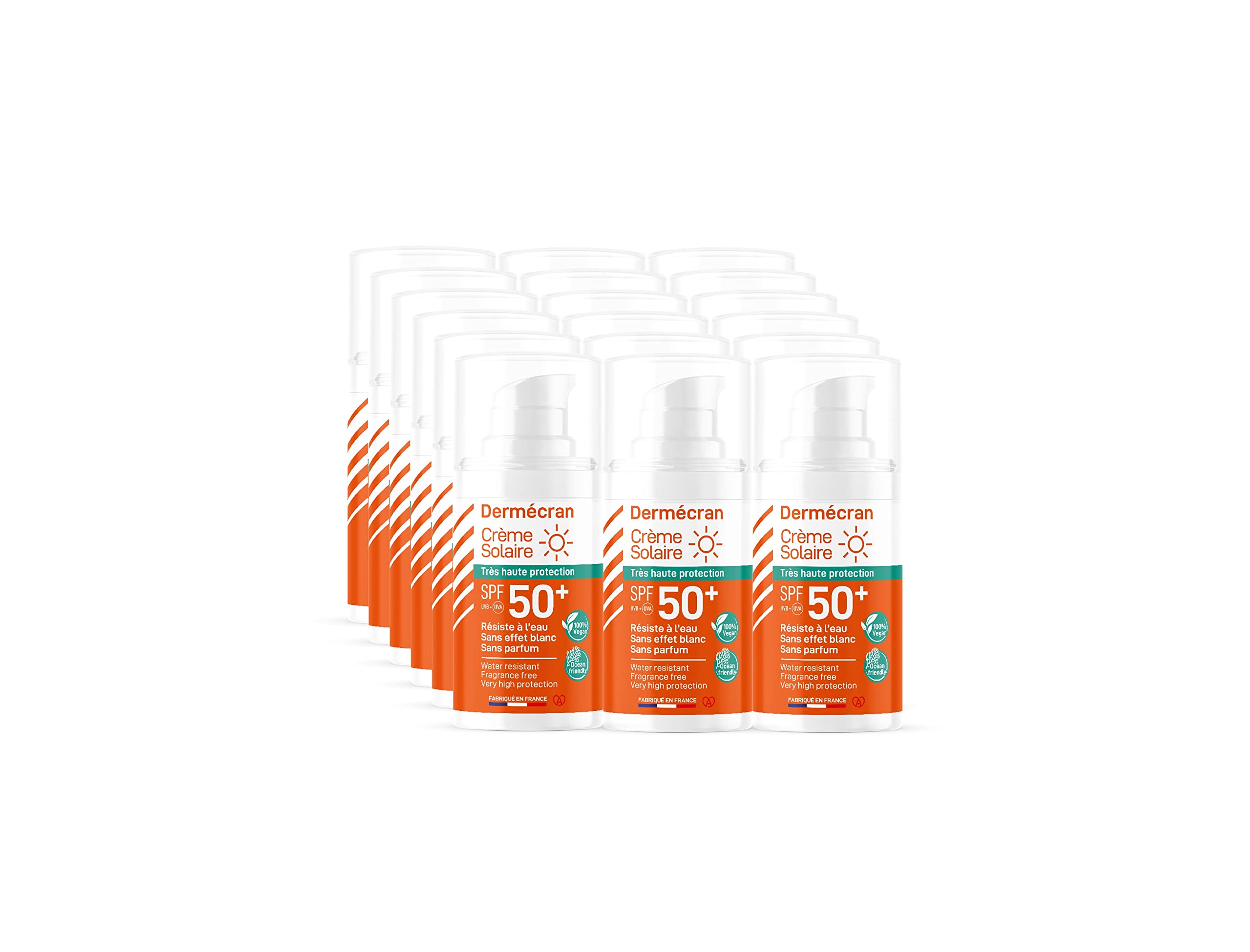 Lot de 18 - Dermécran - Crème solaire SPF50+ - Visage et corps - Formule Vegan & Ocean Friendly - Résiste à l'eau - Pour toute la famille dès 3 ans - Fabriquée en France - Format pocket 15 ml