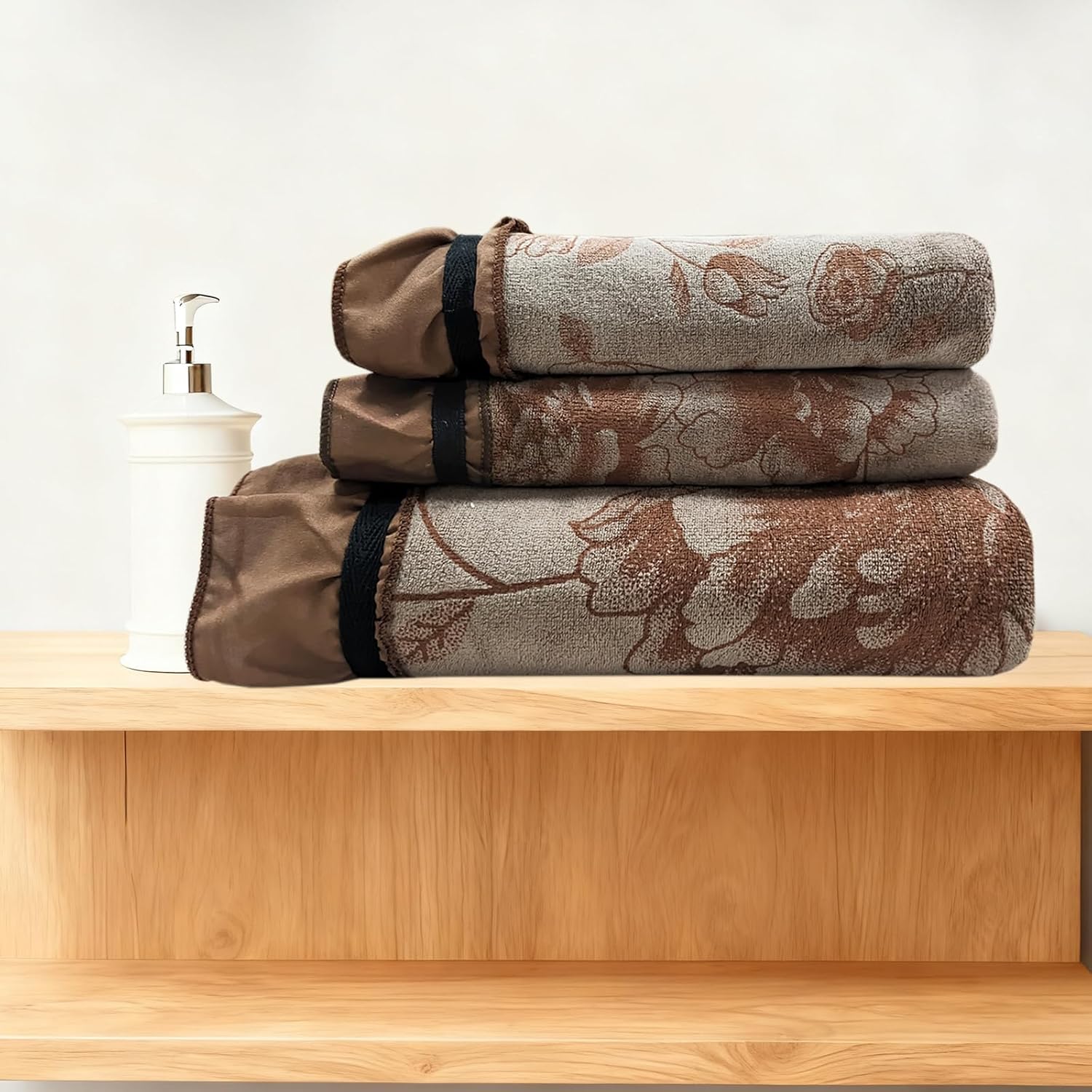 USTIDE 3 Pieces Chocolate Brown Coral Fleece Bath Towel Set with Peony Floral Design, Silk Trim Edging- 2 Hand Towels & 1 Bath Towel | Soft Absorbent Towels for Gym Spa Bathroom