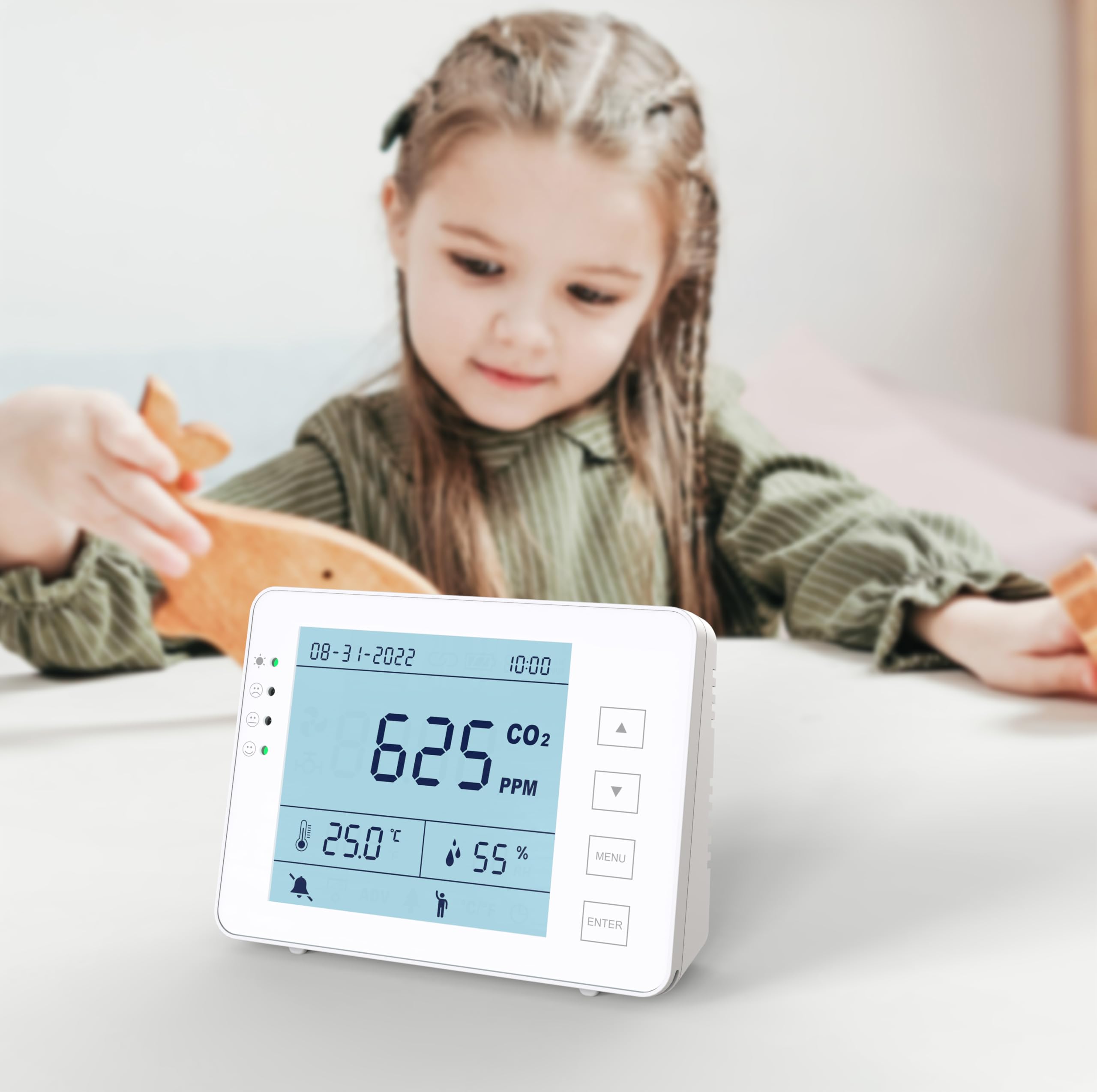 Detector 3 en 1 – Medidor CO2 Temperatura Humedad RH | Batería 10h | SA1300P | Sensor NDIR | Registrador de datos con alarma | para casa y ambientes interiores | Registrador de datos | Dióxido de