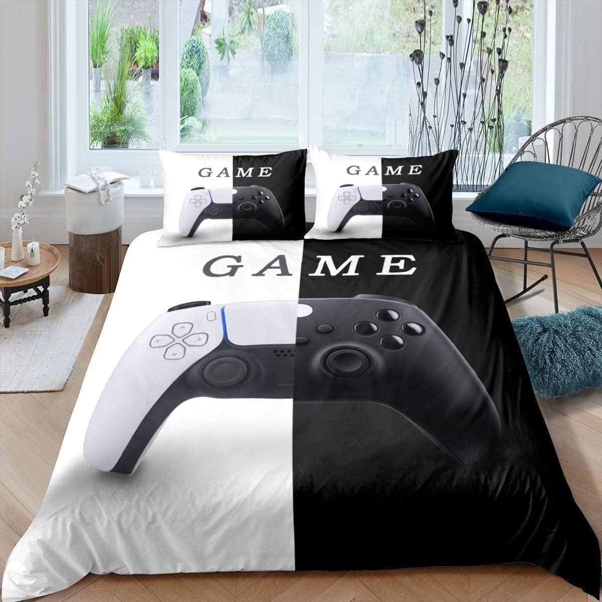 Homemissing King Bedding Set GamePad Black and White Game Cover Flannel Set, Suitable for Young GamePad Couple Design Duvet Cover Modern Video Game Light Action Button Comforter Cover Set — image 1