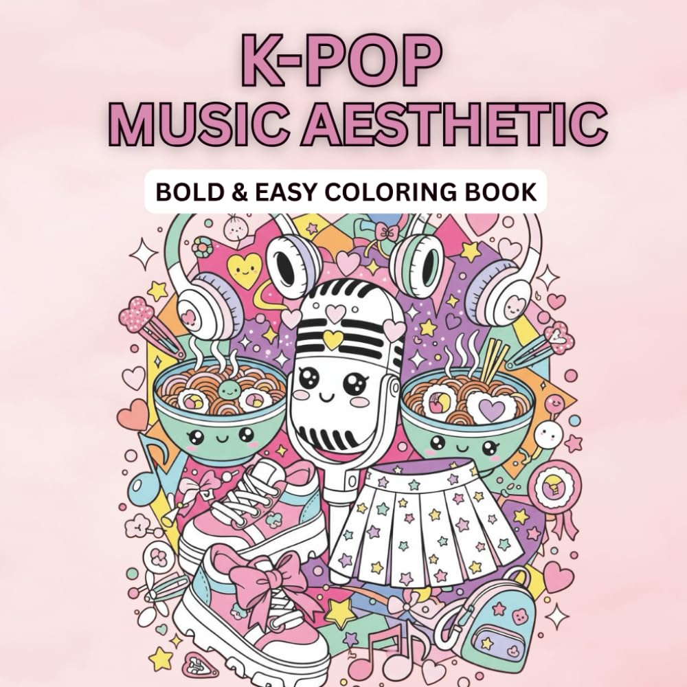 K-Pop Coloring Book for Teens: Korean Pop Music Aesthetic: 50 Easy Bold Line Coloring Pages with Cute Outfits, Microphones & Kawaii Food - Adult Coloring Book for Stress Relief