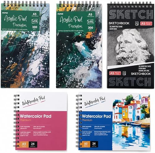 6PCS Art Paper Pad Set A5, Watercolor Acrylic Sketchbook Drawing Paper for Artists Students