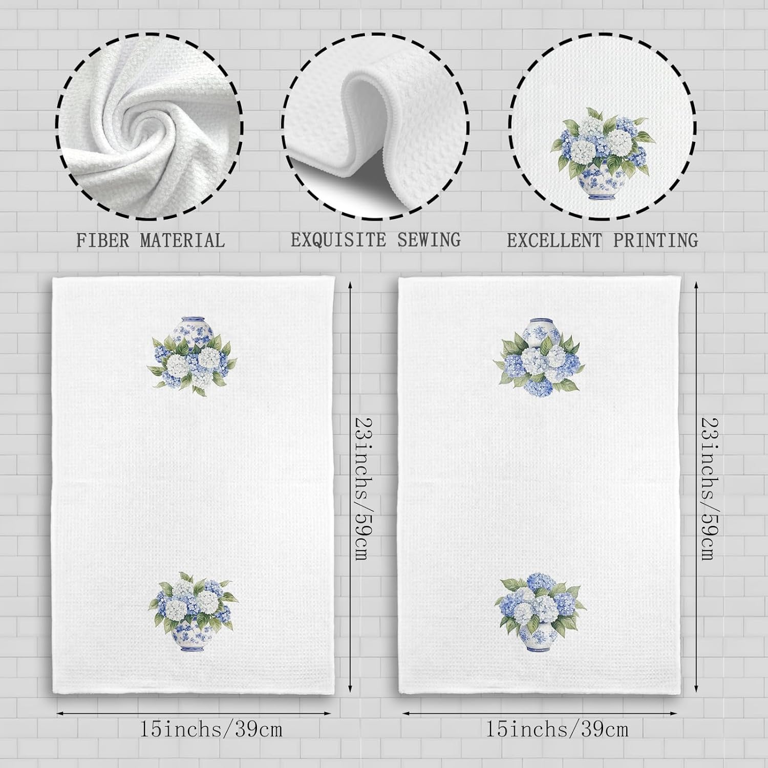 Blue and White Chinoiserie Floral Kitchen Towels Set of 2, Blue and White Porcelain Hydrangea Flowers Decorative Dish Tea Towels, Grand Millenial Decor Hand Towels for Bathroom, 16X24In - Image 7