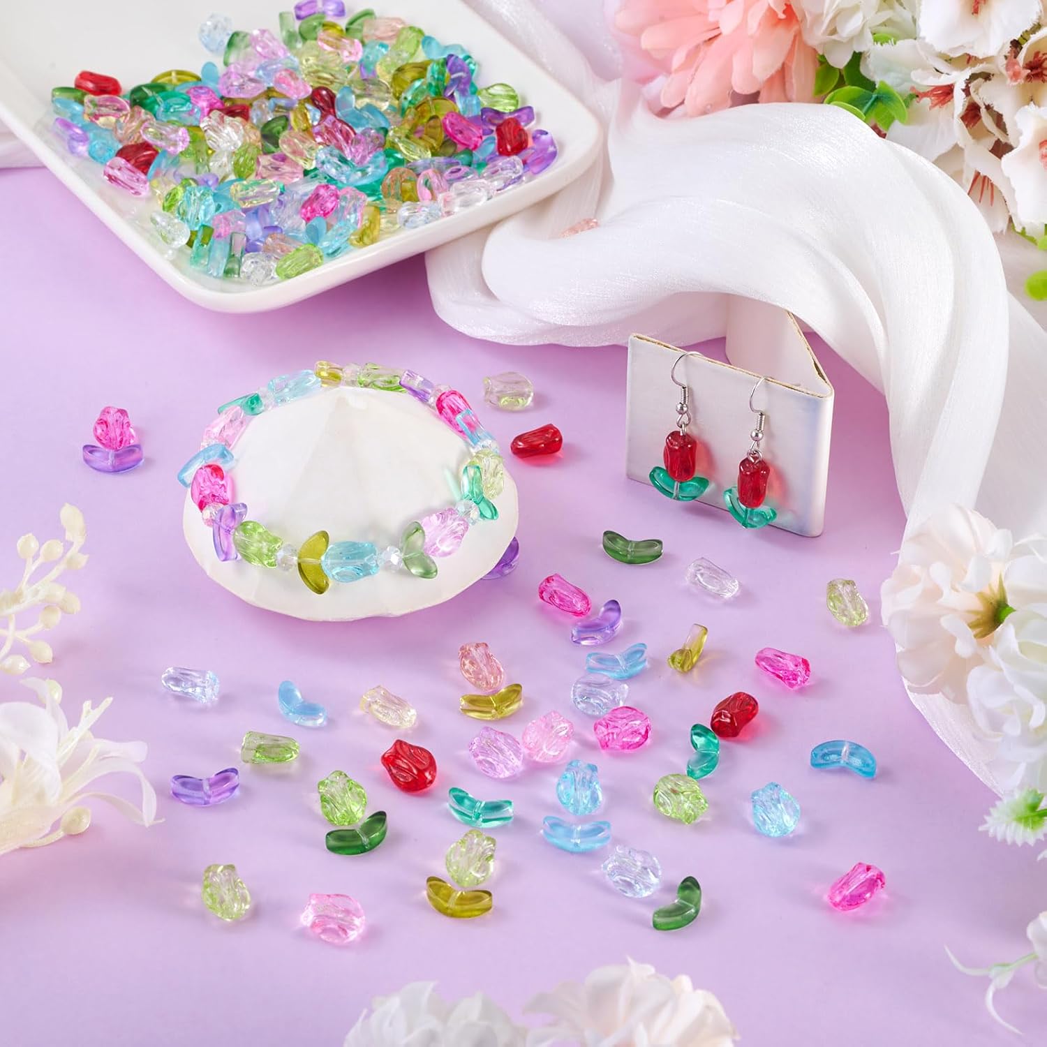 220Pcs Transparent Glass Flower Leaf Beads Crystal Clear Tulip Floral Buds Lampwork Beads for Jewelry Making Bracelets Necklace DIY Craft Accessories Spring Summer - Image 2