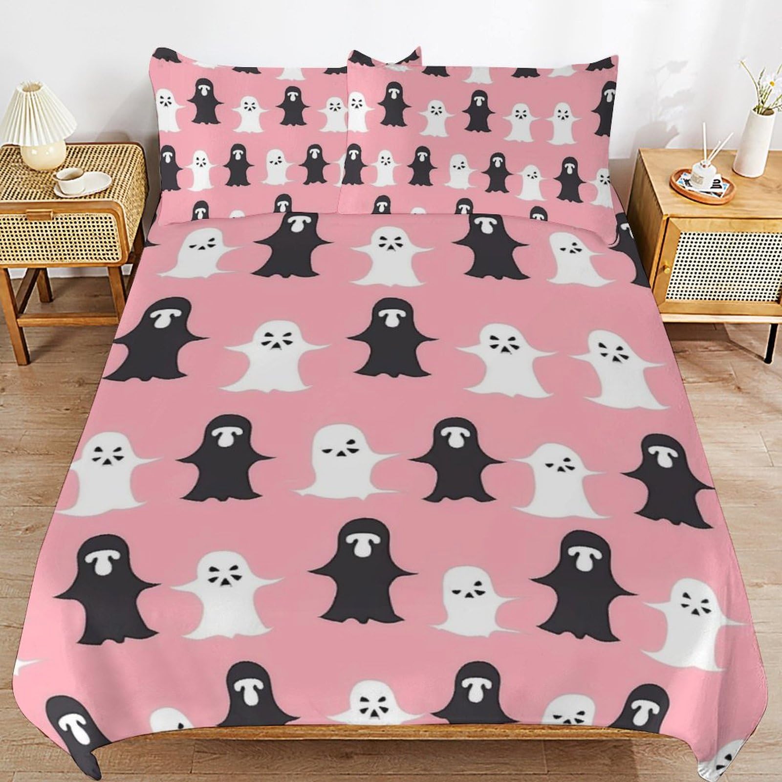 Parure de lit fantômes Halloween en microfibre respirante rose au toucher peau de pêche