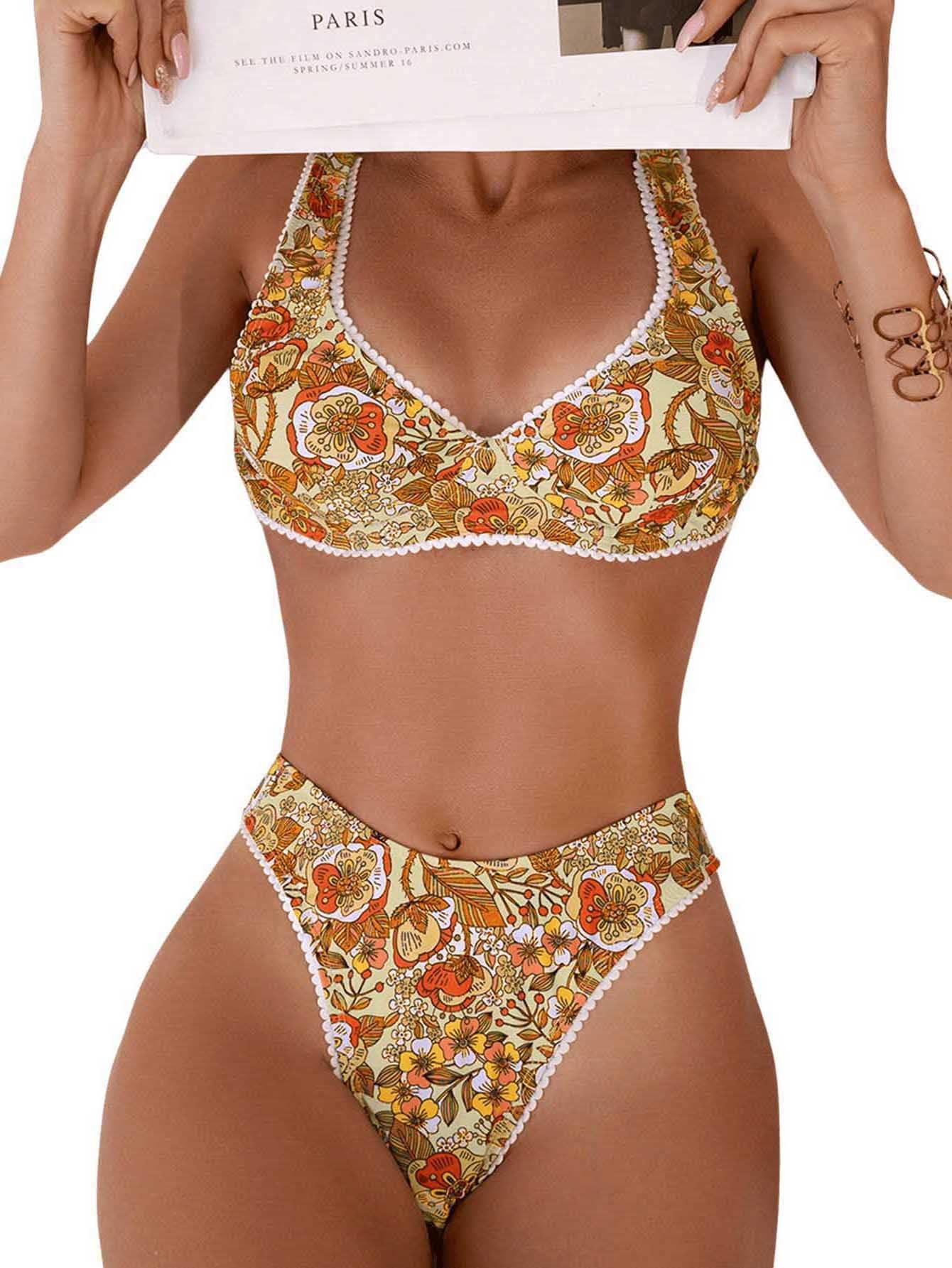 Damski Strój Kąpielowy Z Kwiatowym Nadrukiem Zestaw Bikini Wiązany Na Plecach Dwuczęściowy Kostium Wielokolorowy Średni