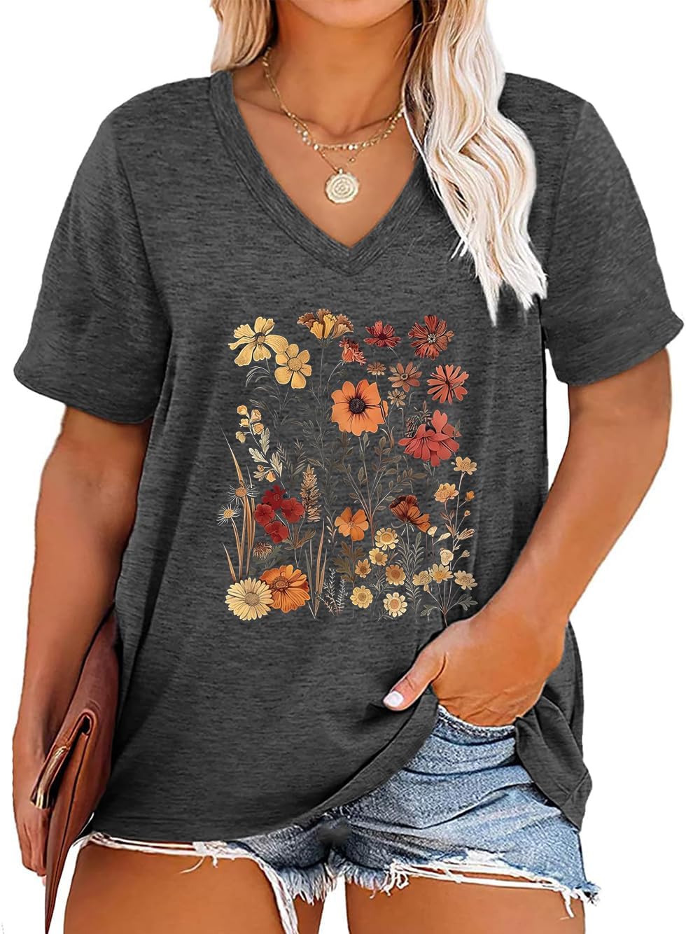 Womens Plus Size Tops Boho Floral Short Sleeve V Neck T-Shirt Casual Summer Wildflower Graphic Tees