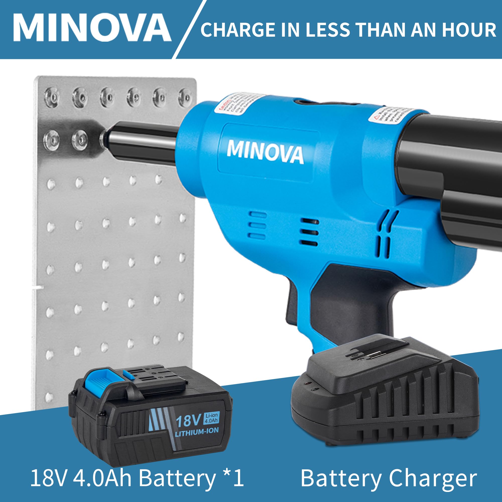 Minova Pistola de remache sin escobillas, herramienta de remache inalámbrica compatible con remaches de acero inoxidable de 6,4 mm, retroceso automático con batería de 18 V 4,0 Ah (2 piezas) 1