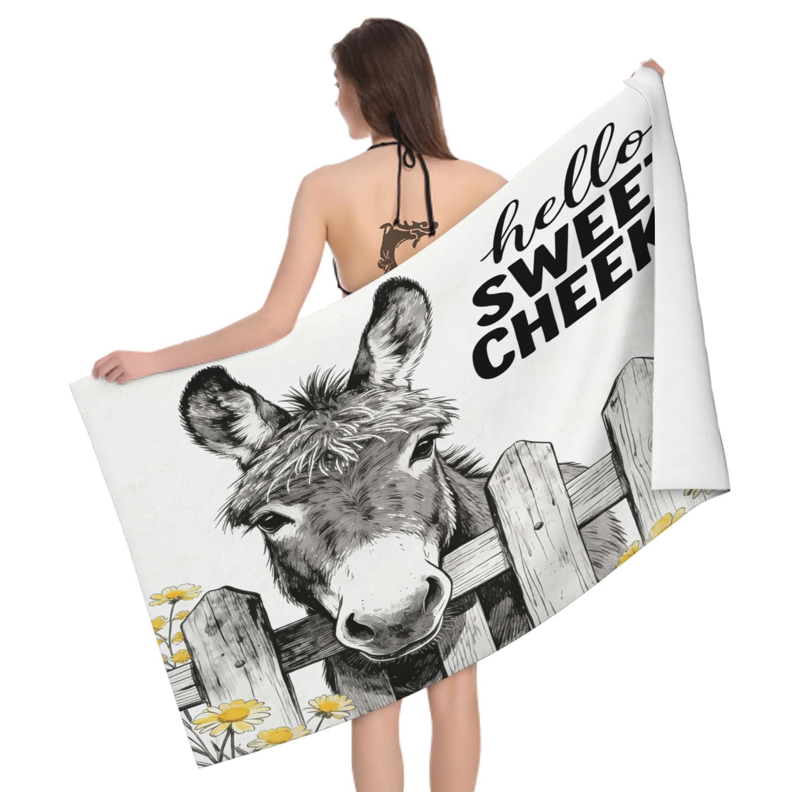 Leichong 3D Donkey Beach Towel Microfiber Soft Quick Dry for Adults, Black White Illustration Bath Towel Lightweight Soft Absorbent for Travel Swimming Pool Sports, 75 x 150 cm