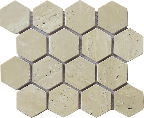 Intrend Tile NS022-B-muestra Natural Tan Pulido Travertino Piedra Hoja de Azulejo, Muestra, Mosaico Hexágono