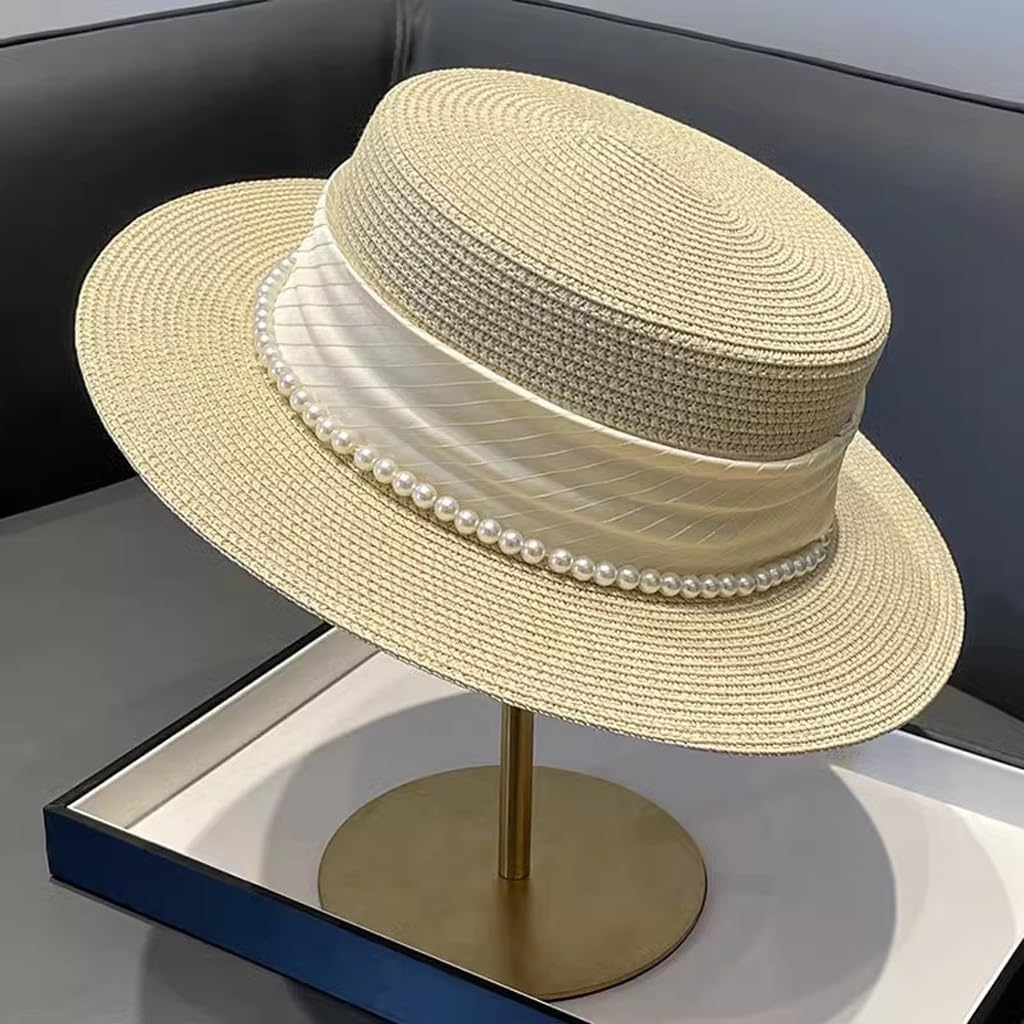 Celebrity Wind Flat Top Hat Elegant Pearl Seaside Sun Protection