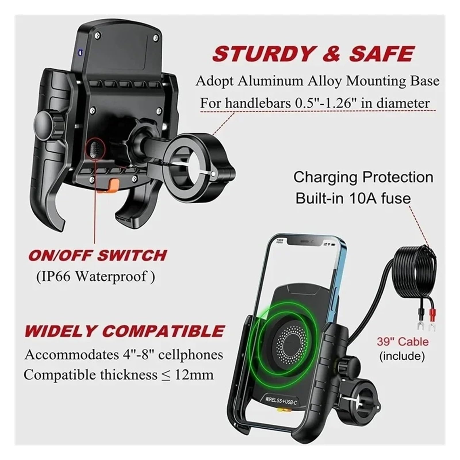 Supporto Manubrio Supporto Per Telefono Da Moto Caricabatterie Wireless Supporto Per Specchietto Retrovisore Cellulare Con Ricarica Veloce Tramite USB Supporto Telefono Moto