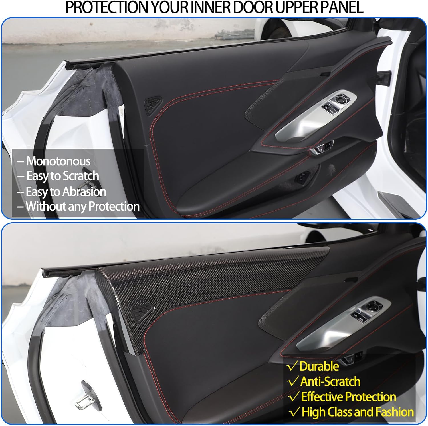 Real Carbon Fiber Inner Door Panel Trim Cover Compatible with Chevrolet Corvette C8 Stingray 2020-2026, Interior Door Upper Panel Frame Cover Decoration 2Pcs (Black)
