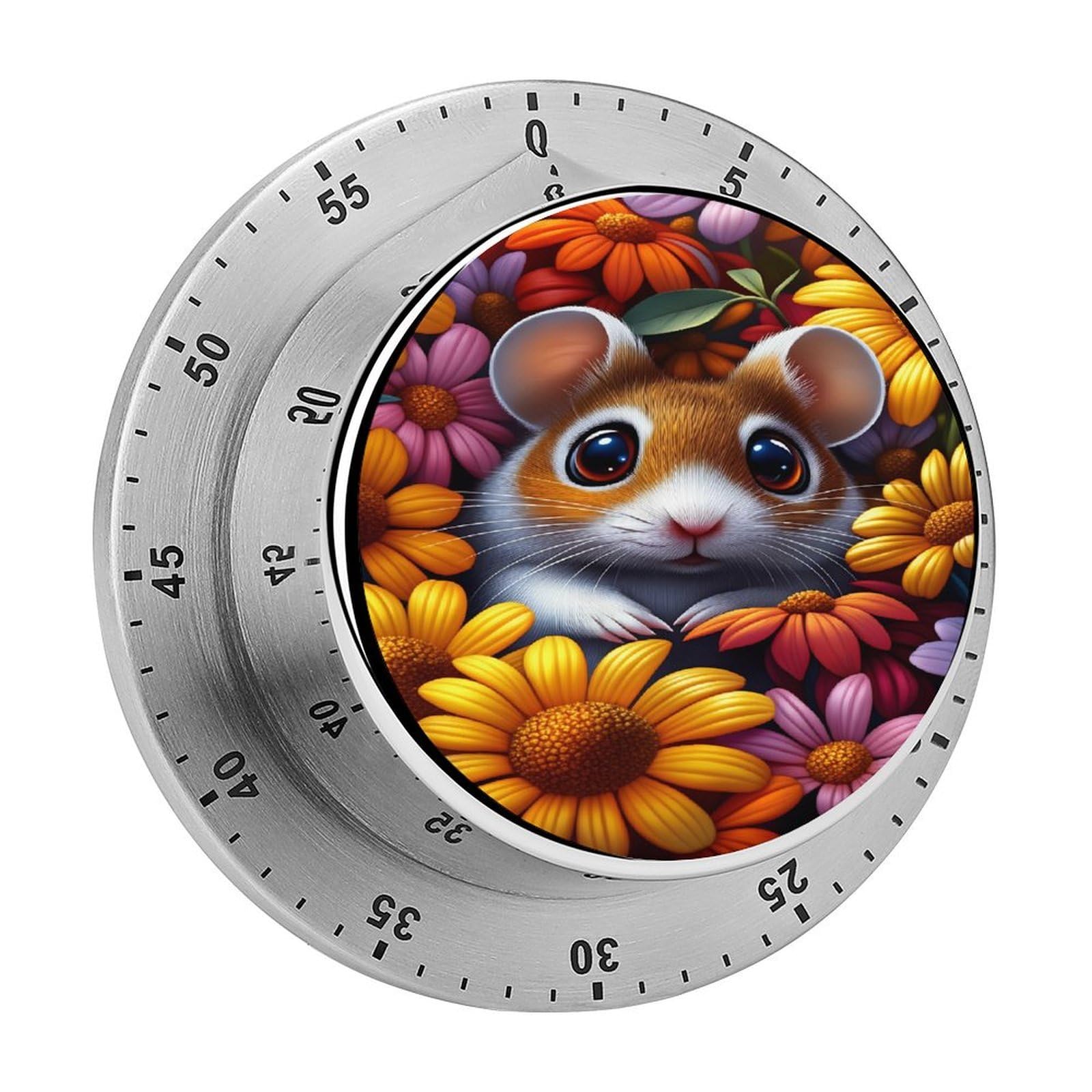 Cute Hamster Daisy Floral Wildlife 60 Minute Wind Up Timer,Visual Mechanical Magnetic Timer with Loud Alarm for Kitchen