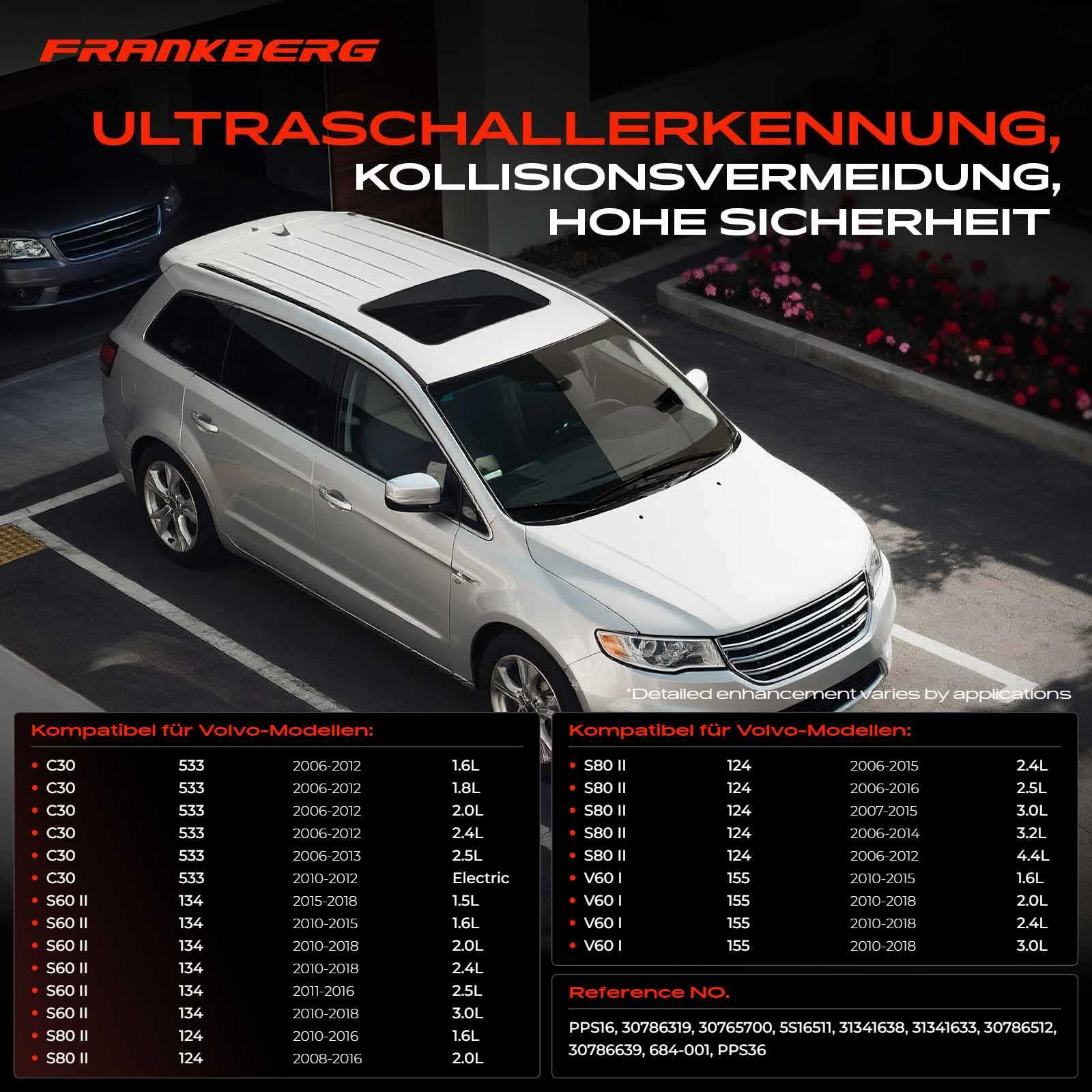 Frankberg 4x Parksensor Vorne Hinten Kompatibel mit C30 533 1.6L-2.5L Electric 2006-2013 S60 II Cross Country 134 2.0L-2.5L 2015-2018 Replace# 30786319