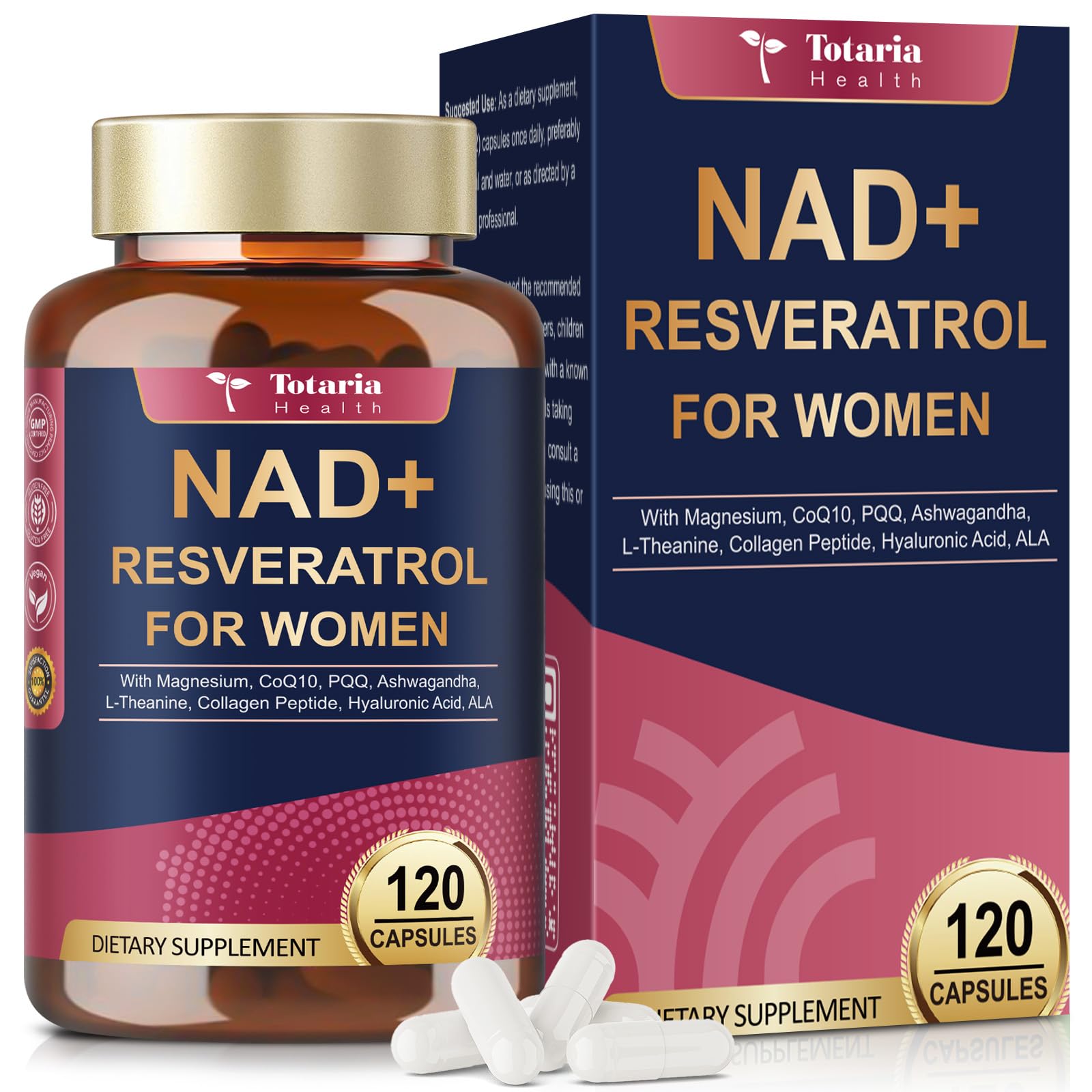 Totaria NAD+ Supplement for Women - NAD Trans-Resveratrol Supplement with Magnesium,CoQ10,PQQ, Ashwagandha,Collagen Peptide - NMN & NMNH Alternative - Cellular Renewal & Energy - 120 Capsules 120 Count (Pack of 1)