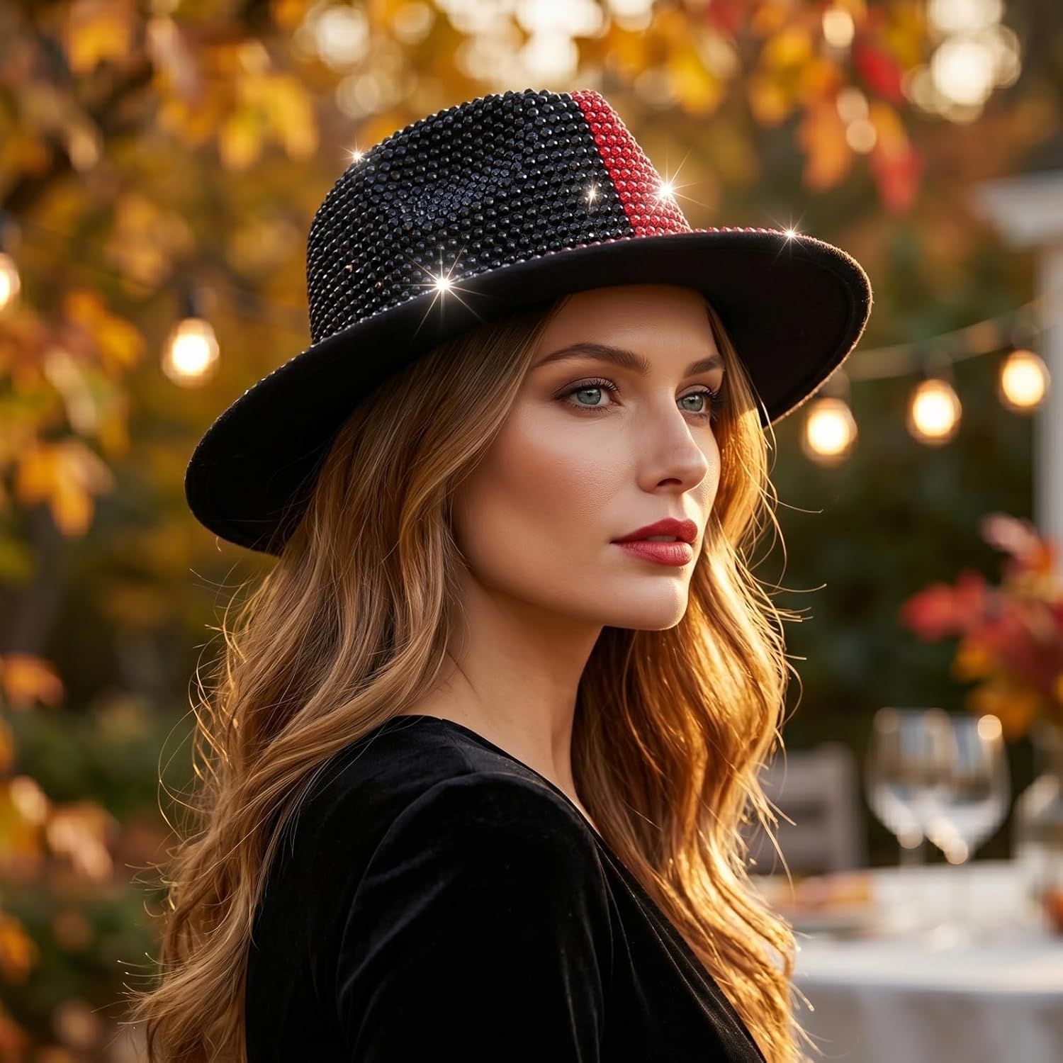Rhinestone Fedora Hat for Women, Vintage Handmade Wide Brim Panama Hat Bling Crystal Diamond Adjustable Jazz Cap